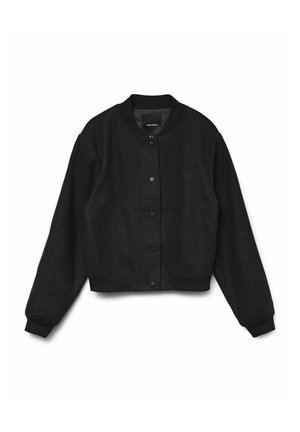 Black cropped bomber jacket made from a thick wool blend. Features a round neckline, snap button closure, and ribbed cuffs and hem.