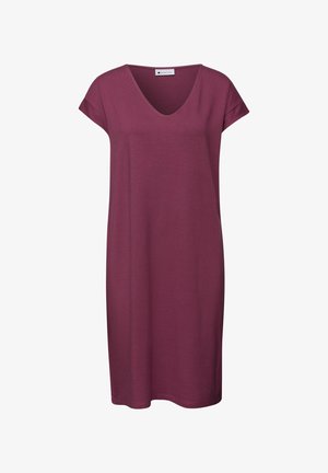 Fialové šaty ke kolenům s krátkými rukávy a výstřihem do V, vyrobené z měkké, hladké tkaniny, zobrazené na bílém pozadí.