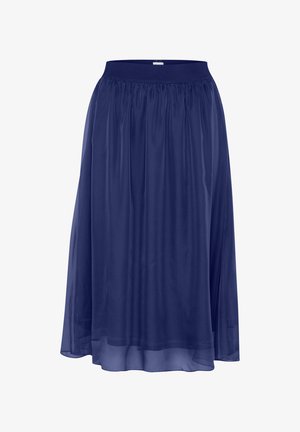 Marineblaue, knielange Rock aus leichtem, fließendem Stoff mit elastischem Bund und gerafftem Design. Sanfte Textur, keine sichtbaren Muster.