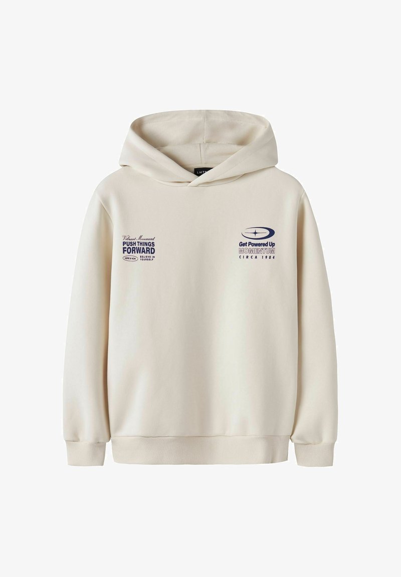 Sweat à capuche couleur crème avec texte motivant bleu marine sur le devant : "Push Things Forward" et "Get Powered Up Momentum Circa 1984."