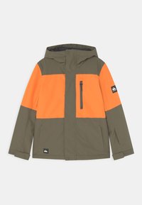 Grön och orange huva jacka med en dragkedjeficka på bröstet, långa ärmar och en logotyp-patch på vänster ärm. Slät tygstruktur.