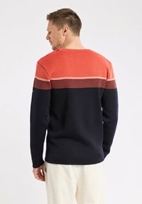 Homme de dos portant un pull coloré en corail et marine avec des rayures horizontales dans le haut du dos et un pantalon crème.
