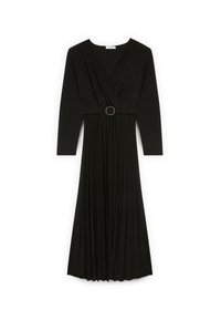 Rochie neagră cu mâneci lungi, decolteu în V și fustă plisată. Include o curea cu cataramă rotundă și detalii ornate pe bust.