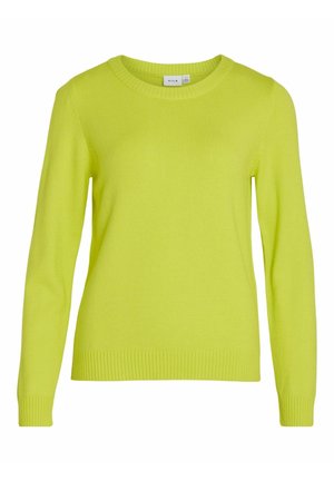Langärmliger, limettengrüner Pullover mit Rundhalsausschnitt und gerippten Bündchen sowie Saum, hergestellt von der Marke Vila, dargestellt vor weißem Hintergrund.