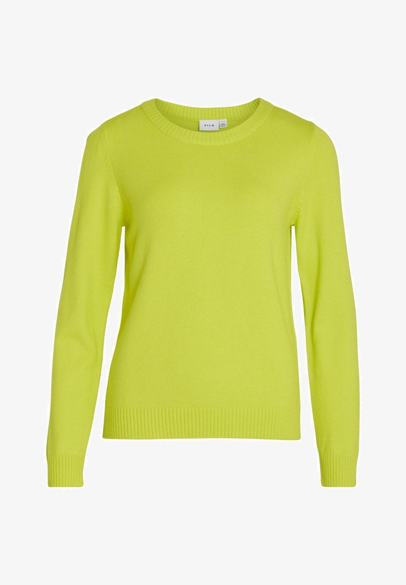Pull vert citron à manches longues avec col rond, poignets et ourlet côtelés, fabriqué par la marque Vila, présenté sur un fond blanc.