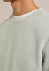 Light green sweatshirt with a ribbed neckline, made of soft fabric, featuring a simple, clean design with no visible patterns or accents.