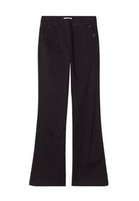 Pantalons noirs à larges jambes avec six boutons décoratifs près des poches avant et des passants de ceinture à la taille.