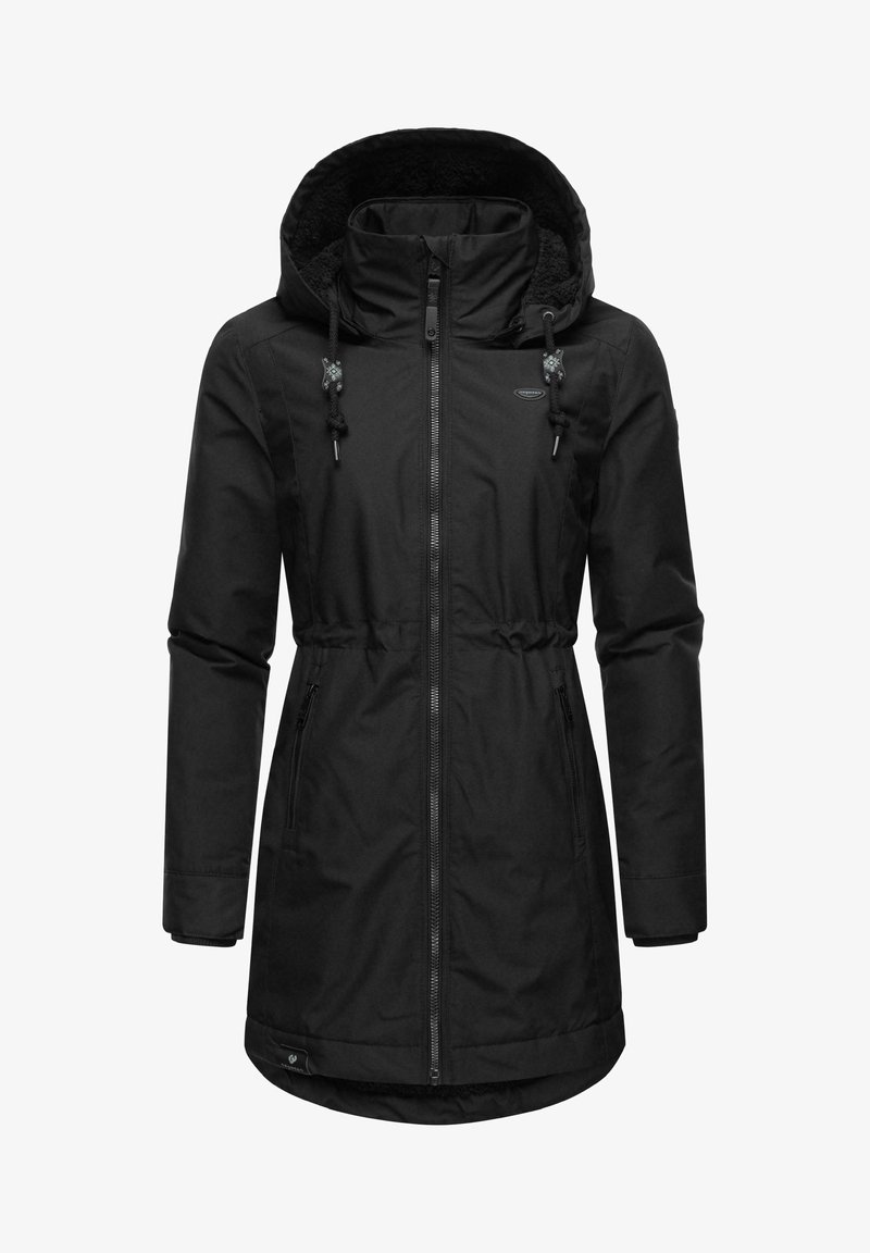 Svart vattentät jacka med huva, blixtlåsförsedd framsidan, dragskoaccenter och fleecefoder. Har sidofickor och justering i midjan.