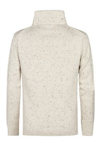 Maglione a maglia crema con colletto alto, caratterizzato da un motivo intrecciato, polsini e orlo rigati. Texture liscia e vestibilità comoda.