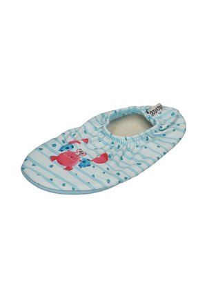 Light blue striped baby shoe with elastic opening and red crab cartoon on top, designed for comfort and easy wear.