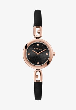 Runde analoge Uhr mit einem schwarzen gemusterten Zifferblatt, roségoldenem Gehäuse und schwarzen Lederarmen. Verfügt über quadratische Stundenmarkierungen und G-förmige Akzente.
