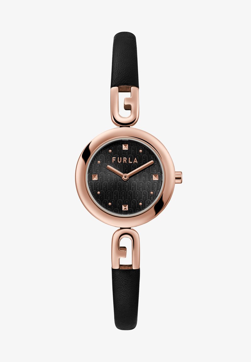 Ümmargune analoogkell musta mustriga diali, roosakullast bezel ja mustad nahast rihmad. Omab ruudukujulisi tundemarke ja G-kujulisi aktsente.