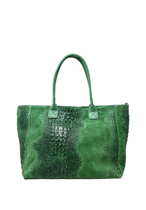 Borsa a mano verde con texture in pelle di coccodrillo e pannelli in camoscio, con due manici superiori e chiusura con cerniera.