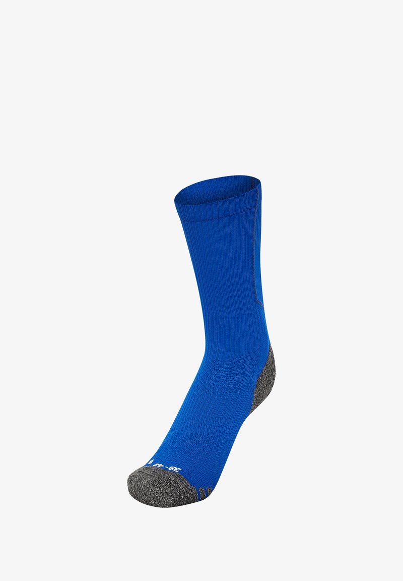 Blauwe sportkous met ribbeltextuur, versterkte grijze hiel en teen, halflange lengte tot de kuit, en contrasterende gekleurde accenten aan de zijkanten.