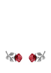 Rote, rosenförmige Ohrringe aus Emaille mit glänzenden Silberblättern, die über detaillierte Texturen und eine glänzende Oberfläche verfügen.