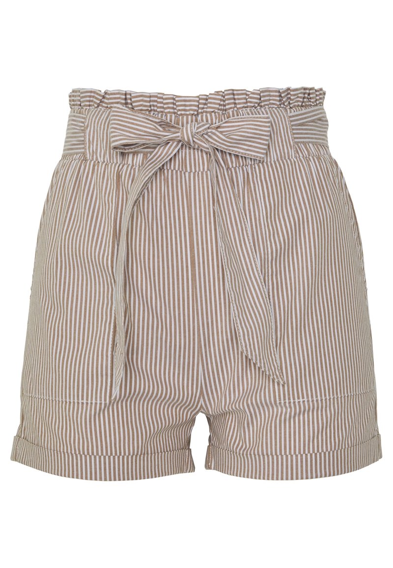 Shorts rayés en brun clair et blanc. Taille élastique avec un cordon en tissu, poches latérales et ourlets roulés. Matière en coton.