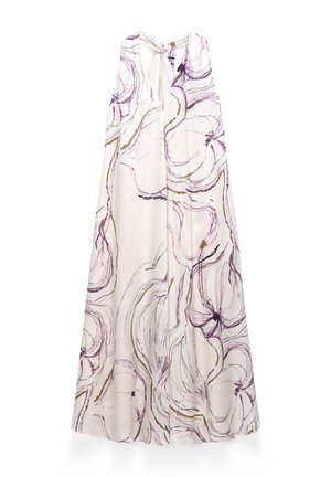 Cremfarbenes ärmelloses Maxikleid mit abstrakten floral-linienförmigen Mustern in Lila und Gold sowie einem gerafften Ausschnitt.