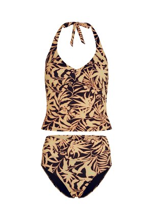 To-delt badedragt i sort og fersken, med en halterneck-top med v-hals og fuld dækning højtaljede underdele, pyntet med et tropisk bladmønster.