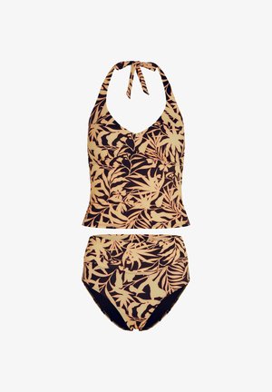 Zweiteiliger Badeanzug in Schwarz und Pfirsich, bestehend aus einem Neckholder-Oberteil mit V-Ausschnitt und hoch taillierten, voll bedeckenden Hosen, verziert mit einem tropischen Blattmuster.