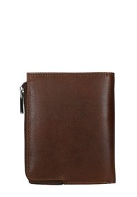 Bruine leren portemonnee met een gestructureerde afwerking, voorzien van een ritscompartiment en zichtbare stiksels langs de randen. Compact rechthoekig van vorm.