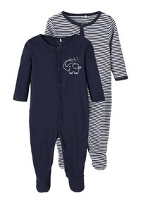Två långärmade babybodys: en enfärgad marinblå med en elefantgrafik, den andra randig marinblå och vit. Mjukt bomullsmaterial.