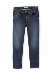 Granatowe dżinsy o slim fit, pięć kieszeni, zamek błyskawiczny i szlufki na pasek. Zawierają delikatne przetarcia z przodu i z tyłu.