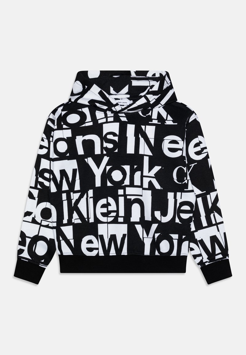 Felpa nera e bianca con un audace motivo grafico di testo. Il tessuto è morbido, con un design a pullover e tasca a marsupio frontale.