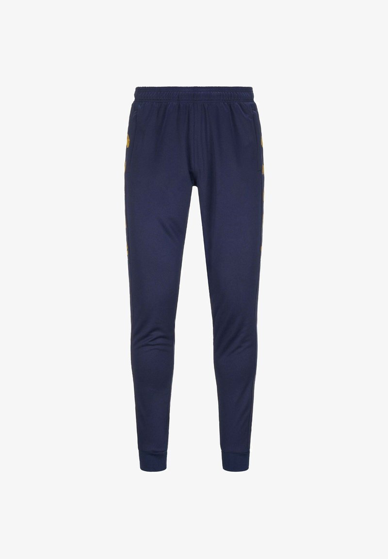 Pantaloni sportivi tapered blu navy con cintura elastica e polsini, caratterizzati da testo giallo lungo le cuciture laterali esterne.