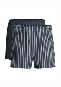 Two pairs of swim shorts, one solid navy and the other with navy and green vertical stripes. Elastic waistbands, soft fabric texture.