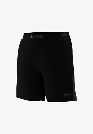Zwarte sportkorte broek met grijze mesh zijpanelen en "JAKO" logo's op de tailleband en de onderzoom.