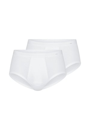 To par enkle hvide herretrusser med elastiske linninger, vist mod en hvid baggrund.