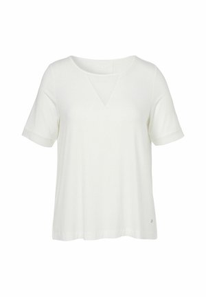 Weißes Damen-T-Shirt mit kurzen Ärmeln, rundem Ausschnitt und einem kleinen dreieckigen Detail in der vorderen Mitte.