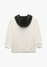 Licht crèmekleurig sweatshirt met een zwarte capuchon, met lange mouwen en een relaxed fit. Zachte textuur met geribbelde cuffs en zoom.