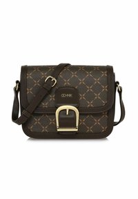 Brązowa syntetyczna torba na ramię z geometrycznym wzorem, złotymi akcesoriami, regulowanym paskiem oraz zapięciem na klapkę z klamrą.