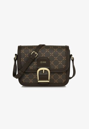 Brązowa syntetyczna torba na ramię z geometrycznym wzorem, złotymi akcesoriami, regulowanym paskiem oraz zapięciem na klapkę z klamrą.