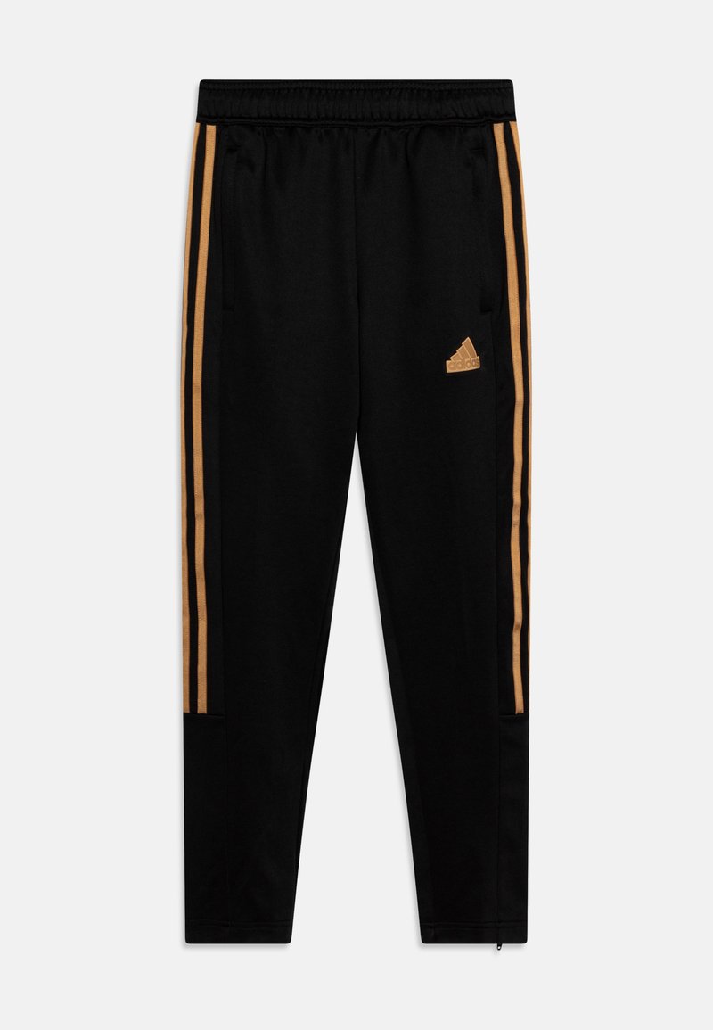 Melni sporta bikses ar zeltītām svītrām sānos, ar elastīgu jostas daļu un ar rāvējslēdzēju. Adidas logo zeltītā krāsā kreisajā augšstilbā.