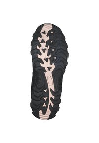 Svart gummisula med djupa mönster och en off-white accent. Har stjärnformade mönster för grepp. Släta kanter och spår.