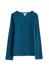 Langsleeve top in teal met een ribbeltextuur, ronde halslijn en rechte zoom. Heeft een relaxte pasvorm en minimale naden.