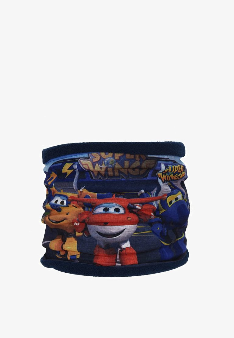 Kinderfleece nekwarmer met levendige cartoonfiguren uit "Super Wings". Voornamelijk donkerblauw met heldere, kleurrijke prints.