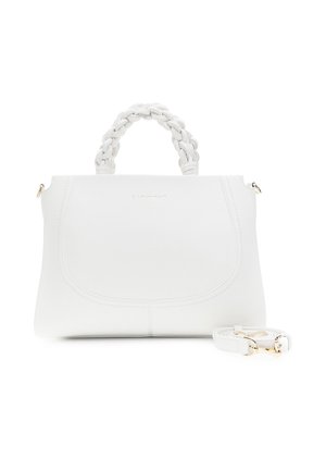 Bílá kabelka s pletenou horní rukojetí a odnímatelným ramenním popruhem, s hladkým povrchem a jemnými švovými detaily.