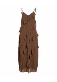 Brown sleeveless midi-jurk met dunne bandjes en gelaagde diagonale volants op een eenvoudige witte achtergrond.