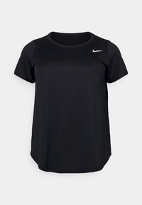 Tricou sport negru dintr-un material ușor, cu guler rotund și mâneci scurte. Logo-ul alb Nike proeminent în partea stângă sus.