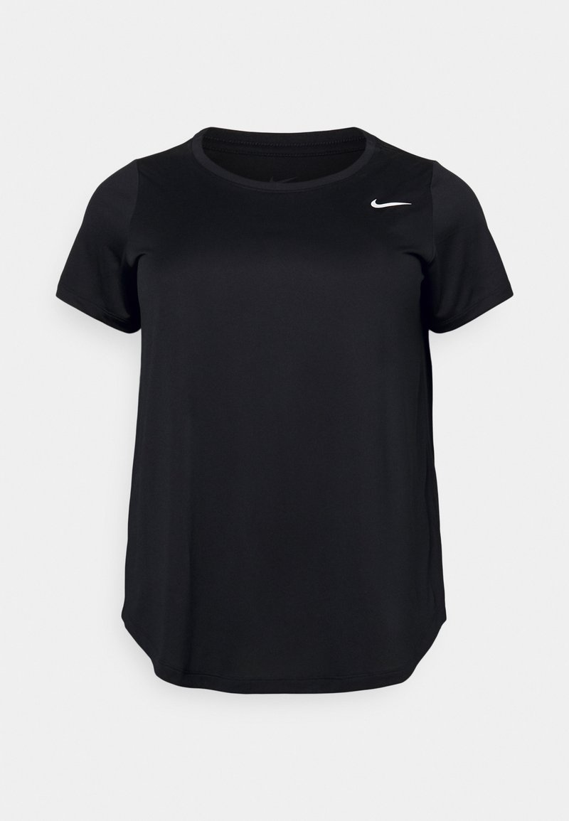 Tricou sport negru dintr-un material ușor, cu guler rotund și mâneci scurte. Logo-ul alb Nike proeminent în partea stângă sus.