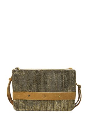 Sac bandoulière rectangulaire avec tissu à motifs texturés marron et or, accent en daim marron clair et fermeture éclair.