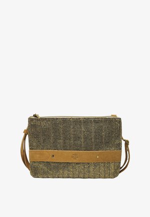 Sac bandoulière rectangulaire avec tissu à motifs texturés marron et or, accent en daim marron clair et fermeture éclair.