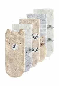 Set aus fünf Paar Kinderstrümpfen in verschiedenen Pastellfarben mit Tiermotiven: Bär, Panda und Streifen mit Akzenten.