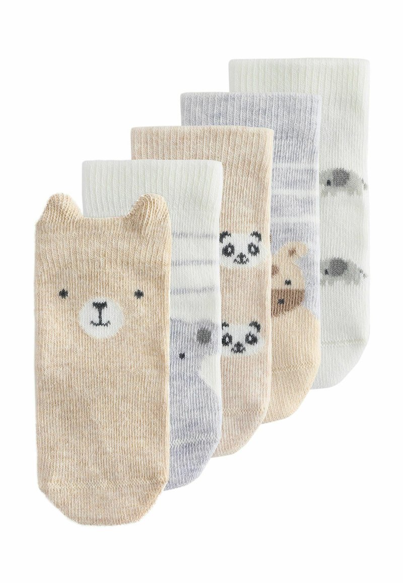 Set aus fünf Paar Kinderstrümpfen in verschiedenen Pastellfarben mit Tiermotiven: Bär, Panda und Streifen mit Akzenten.