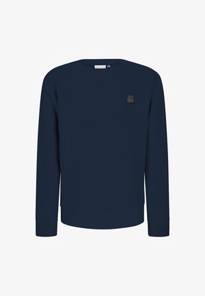 Marineblaues Langarm-Shirt mit Rundhalsauschnitt aus strukturiertem Stoff und einem kleinen schwarzen quadratischen Logopatch auf der oberen linken Brust.