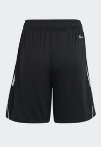 Schwarze Sportshorts aus leichtem Material mit einem elastischen Bund und weißen Akzenten an den Seiten für einen Kontrast.