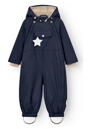 Combinaison de pluie bleu marine pour enfants avec capuche, doublure intérieure beige, poche avant avec bouton, poignets élastiques et brides de pied attachées.